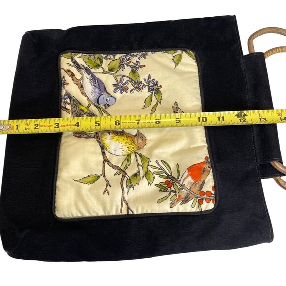 Quilted Bird Tote Bag Purse Lined Black Fabric Handbag Pocket Blue Jay Vintage - Picture 10 of 12